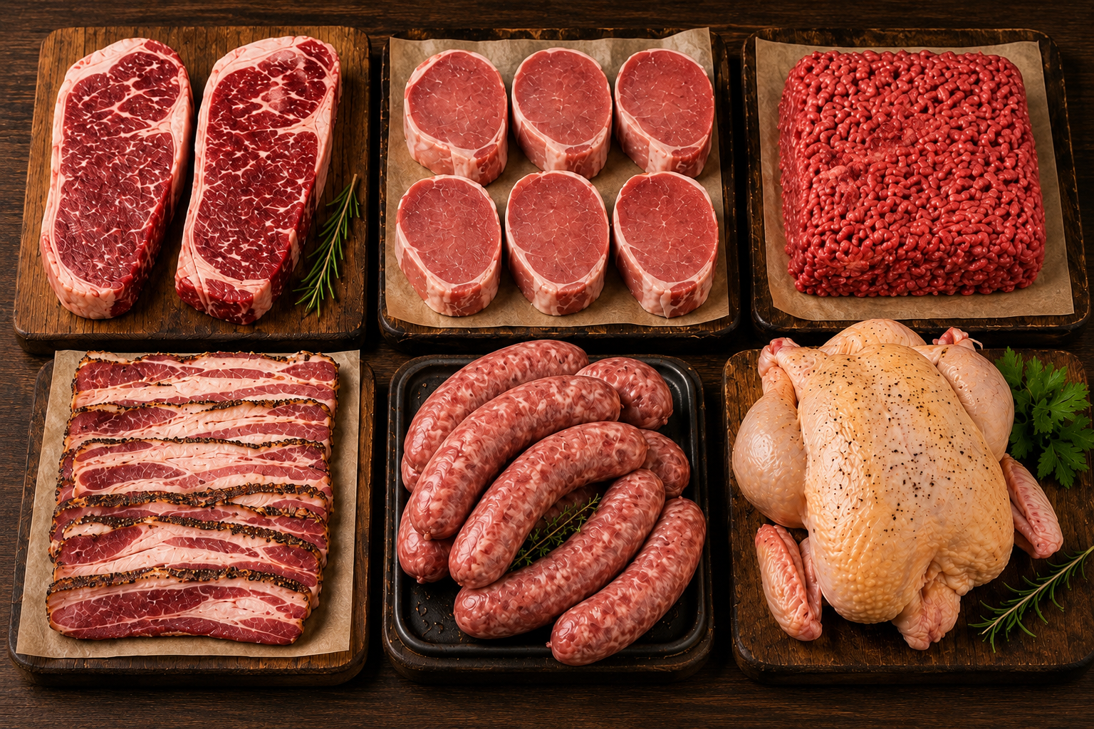 Rancher Pack — 2×8oz NY Strips, 6×4oz Sirloin Chops, 1lb Ground Beef, 1lb Bacon, 1lb Sausage, 1 Whole Chicken